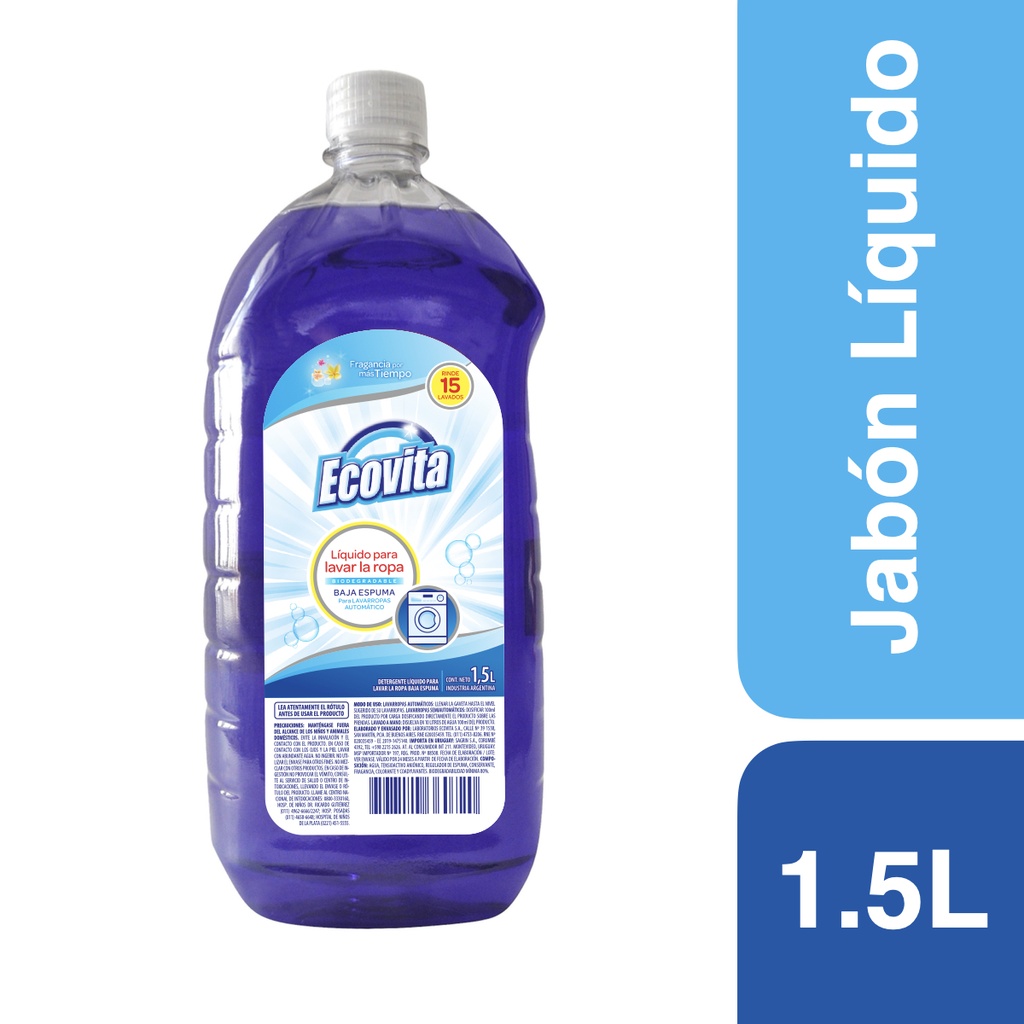 Jabón Liquido para Ropa Baja Espuma Ecovita 1,5Ml