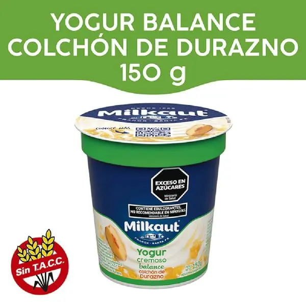 Yogur descremado milkaut balance colchón de durazno pote 150grs