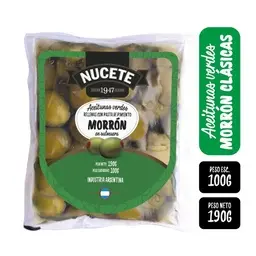 Aceitunas verdes Nucete rellenas con morrón 100 g.