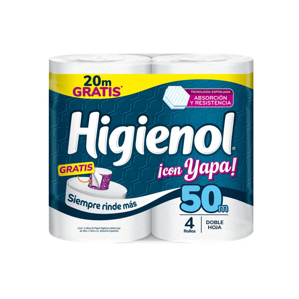 Papel higiénico Higienol doble hoja con yapa x4 50 mts